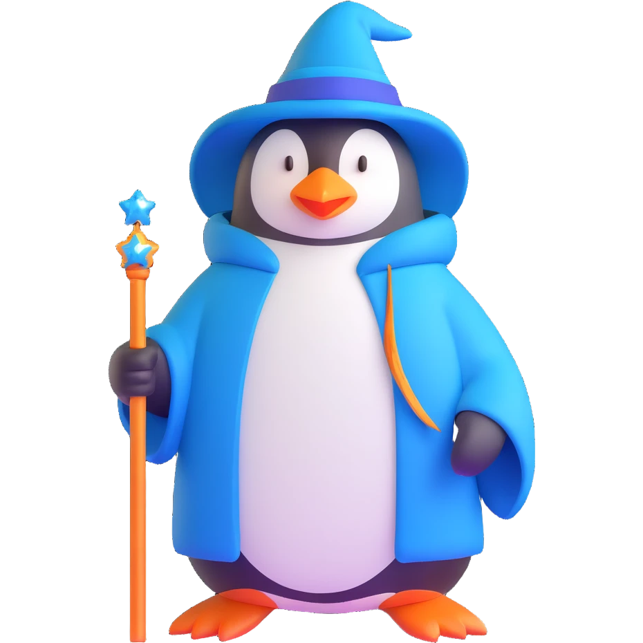 penguin wizard with a blue robe and sparkly wand emoji