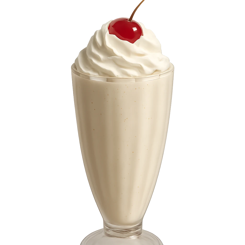 Remove the background and keep only the realistic glass of milkshake with whipped cream and cherry with a transparent background in photorealistic style. emoji