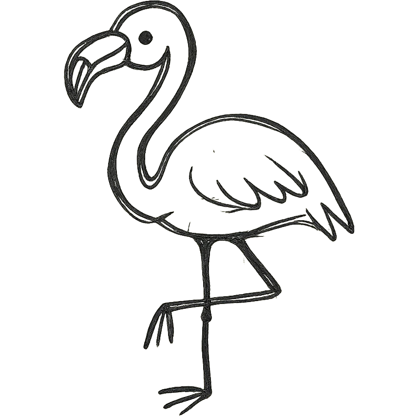 flamingo, hand drawn icon style, sketchy black lines, no fill, whimsical, loose and playful emoji