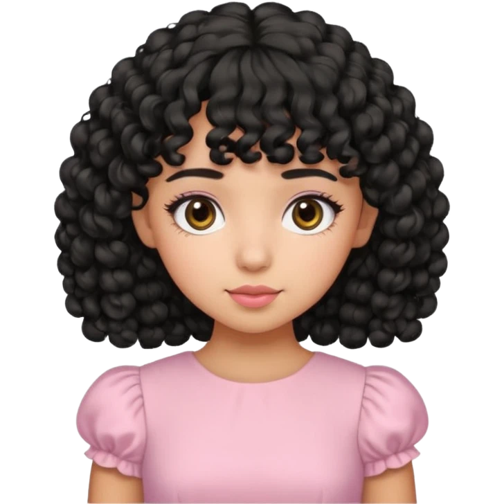 uma menina fofa de pele oliva e cabelos pretos encaracolados e com franja encaracolada e um vestido rosa pastel emoji