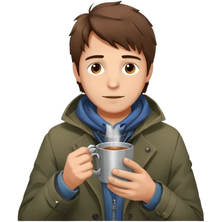A gentle-looking man with messy hair and layered torn jackets, warming his hands over a small tin cup of hot drink.
 emoji