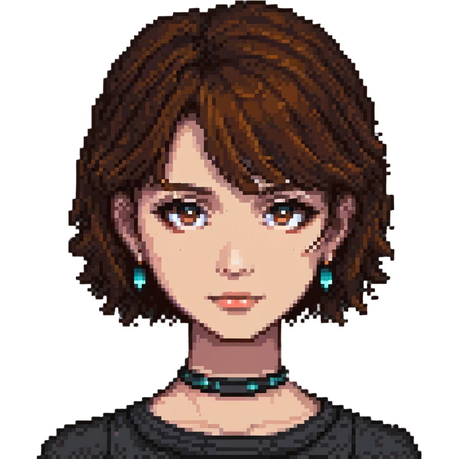 A pixel art girl with brown eyes, short brown hair without bangs, and a septum piercing. emoji