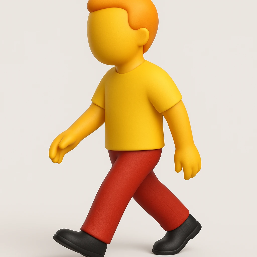 Create a walking man emoji with moderate red pants, a yellow shirt, and no face, in a 3D emoji style inspired by the reference image. Keep the pose and proportions similar to the original. emoji