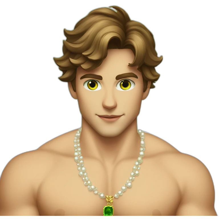 Posh-muscle-boy-brown-hair-green-eyes-pearl-necklace-in-golden-bathtub emoji