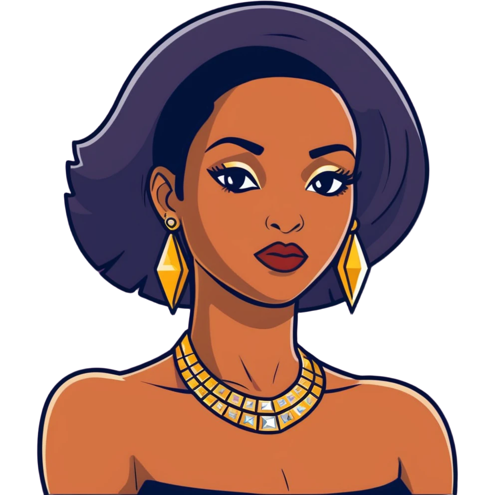 beautiful, curvy African American woman with dark brown skin, straight black hair, bold makeup, gold jewelry, diamonds, confident pose, inspired by Bratz doll emoji