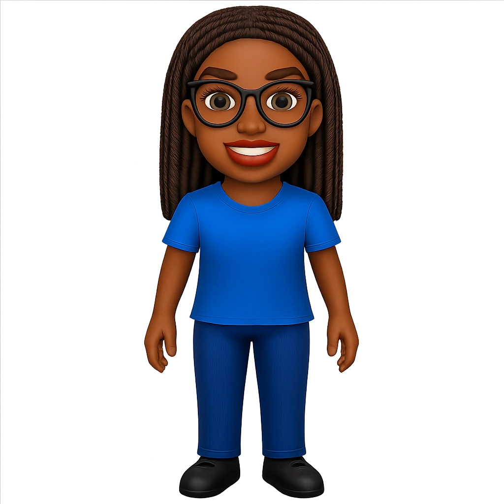 Kemi Badenoch smiling emoji with glasses and braided hair standing, transparent background emoji