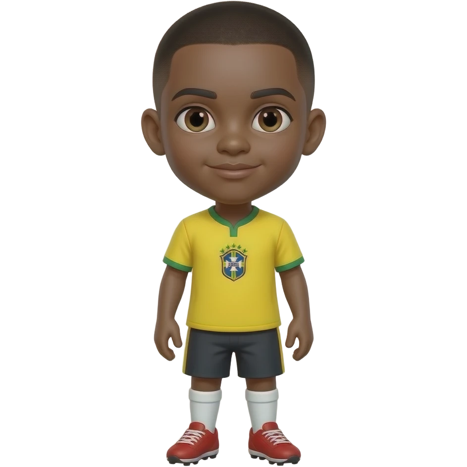 A  MINI LITTLE BOY WITH YELLOW BRAZIL JERSEY NO NUMBER   , PLAIN BLACK SHORTS  , WHITE SOCKS AND RED CLEATS MAKE HIM HAVE A BUZZ CUT emoji