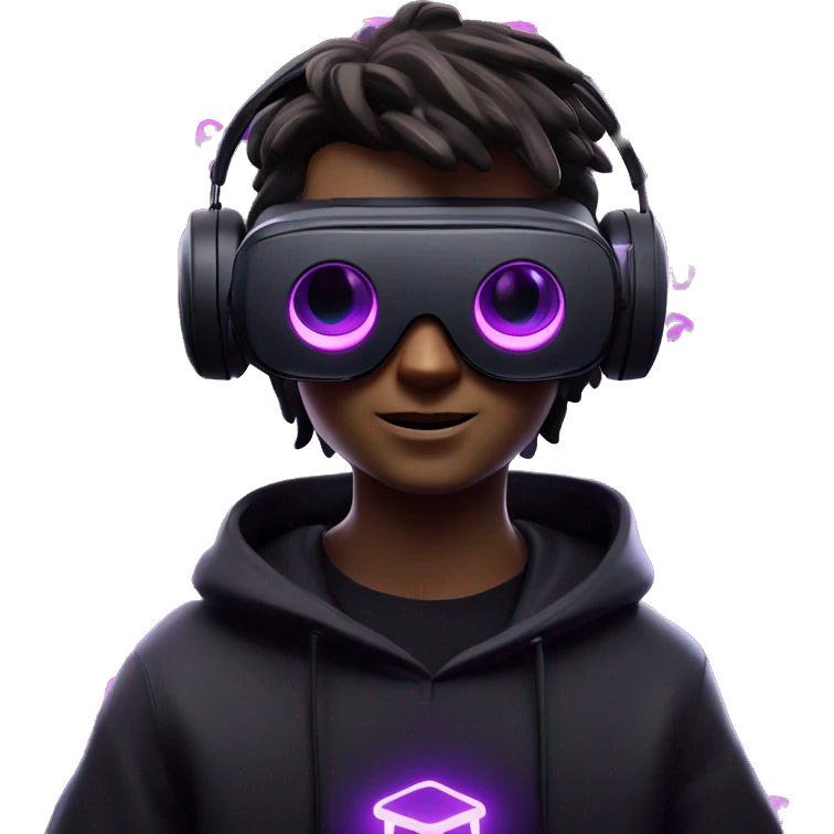Harry Potter wearing a black hoodie with "OMG" letters on it and VR headset oculus quest 2 in a cyberpunk VR environment with violet neon lighting. emoji