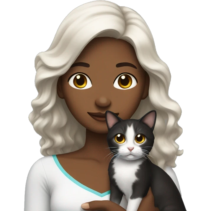 long wavy haired brown skin woman holding black and white cat emoji