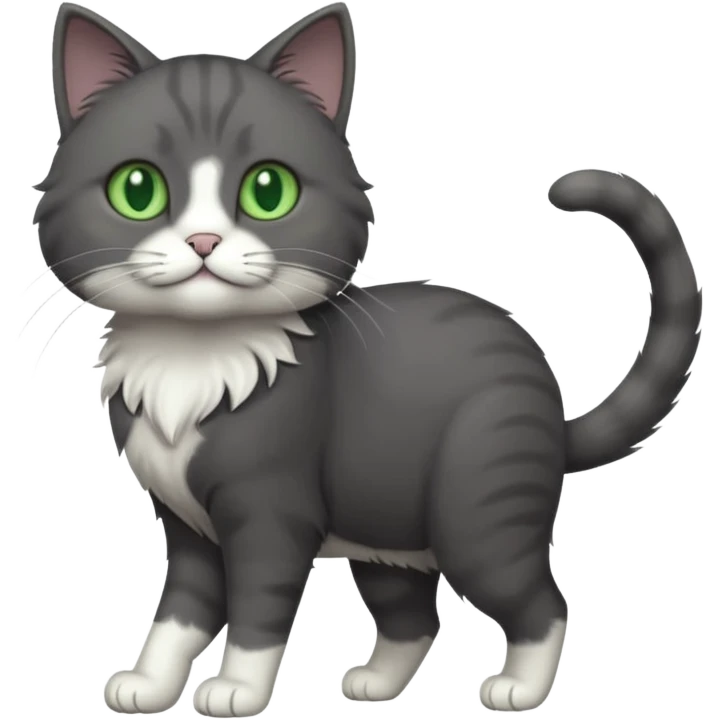 full body solid dark grey cat with green eyes, white paws and white whiskers walking emoji