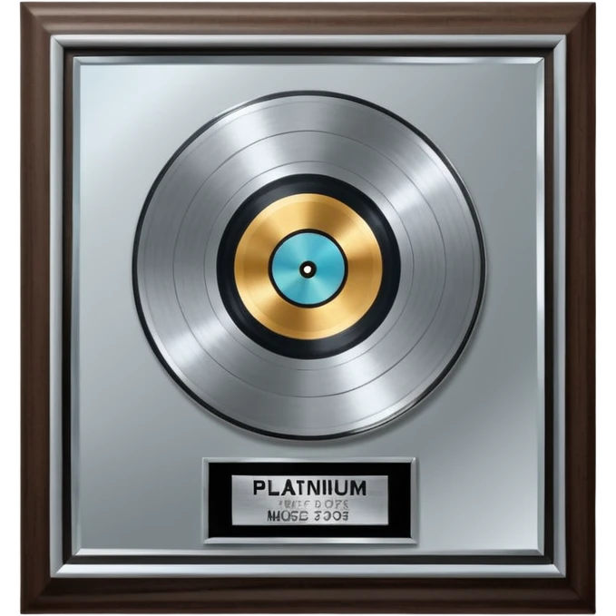 A platinum music award plaque: a square, polished platinum plate with a subtly textured, mirror-like finish, mounted on a simple dark wood base. The center features a relief of a or stylized vinyl record in a slightly darker metallic tone.  emoji