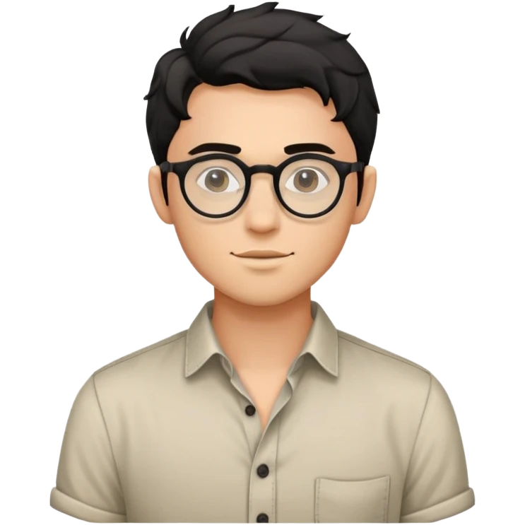 Torso view of young man with black wavy hair, round glasses, casual buttoned shirt, no tie emoji