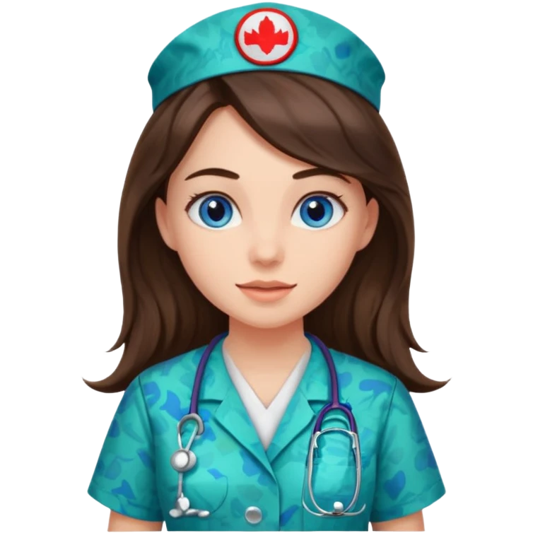 pretty brunette nurse with long hair and blue eyes in dinosaur pattern scrubs emoji