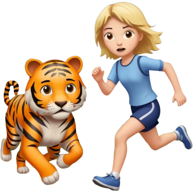 A girl runs away from a tiger emoji