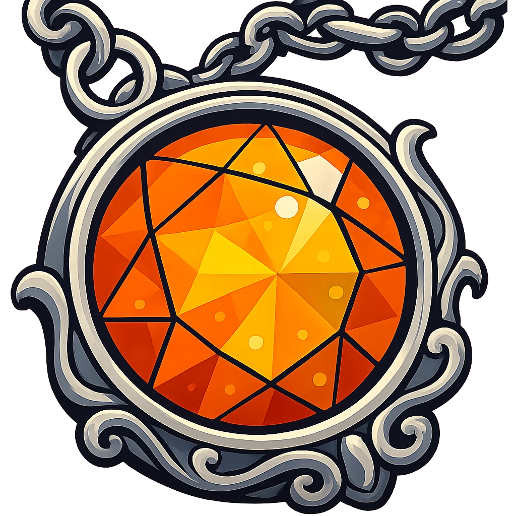 Add a silver chain or ornate setting to the round cut holographic amber charm, keeping the extreme close-up and original style emoji
