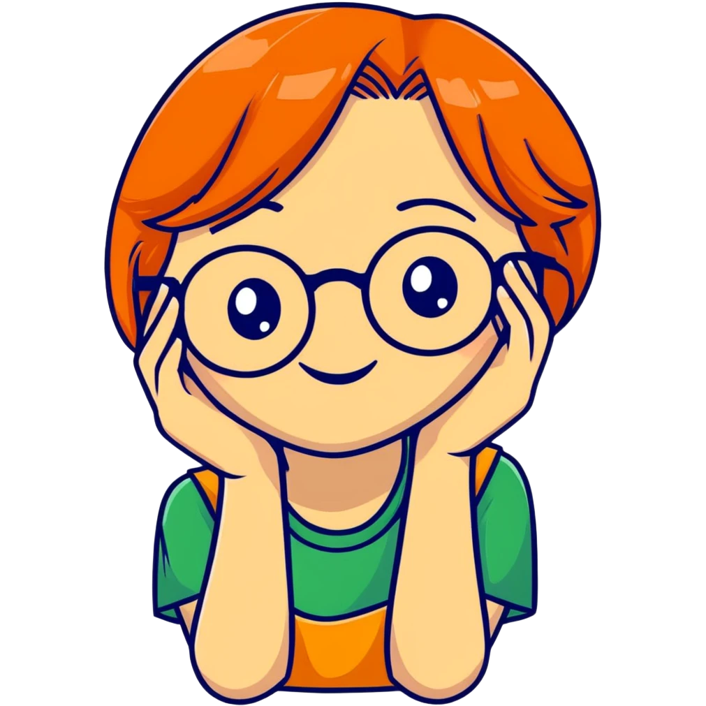 orange-haired shy nerd girl with round glasses and green eyes emoji