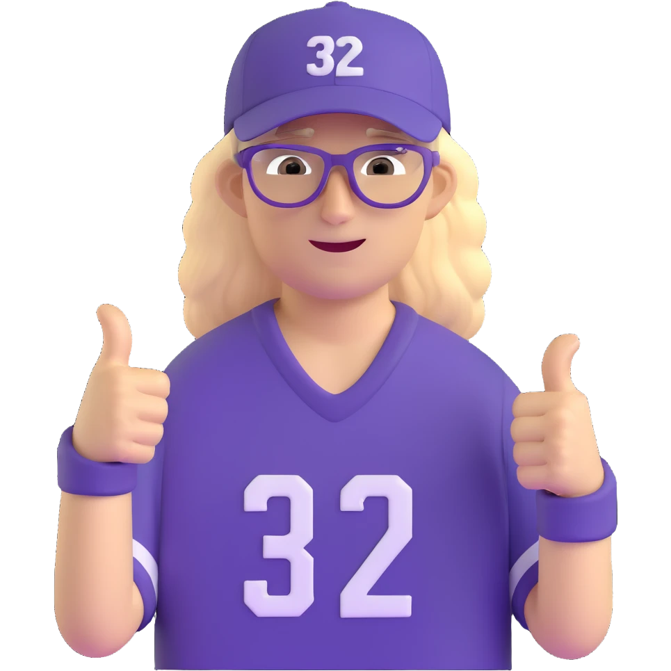 Man with black and white cap, purple sports jersey with number 32, clear glasses, messy light blond mullet hairstyle, thumbs up, content expression emoji