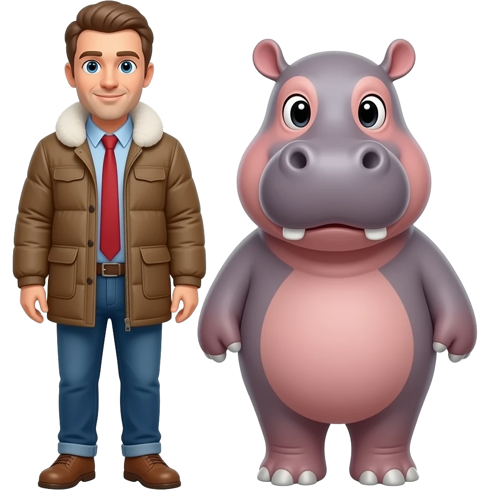 a man with winter coat with cute hippopotamus emoji