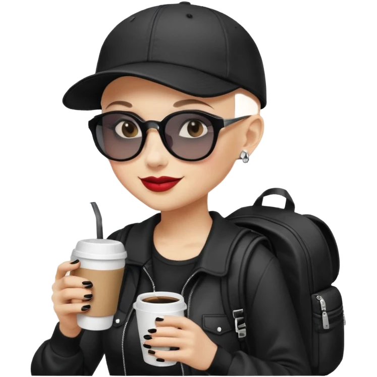 ["A happy woman with light skin, bald, wearing a baseball cap and sunglasses, dressed in goth fashion, is drinking coffee while holding a backpack."] emoji