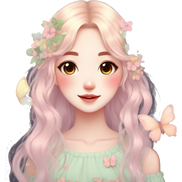 Cute kawaii gorgeous pretty anime cartoon pastel lady with butterflies and beautiful hair fairycore cottagecore detailed high quality trending aesthetic emoji