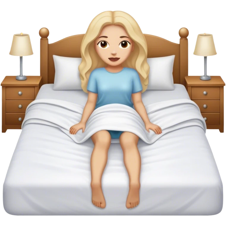 Woman laying on bed with covers over body legs out only emoji