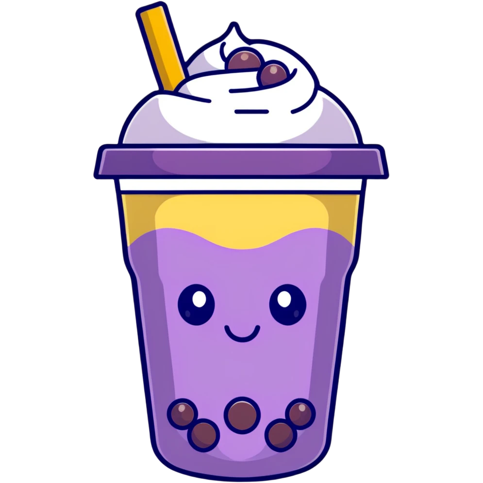 Purple bubble tea cup with a cute face and black tapioca pearls inside emoji