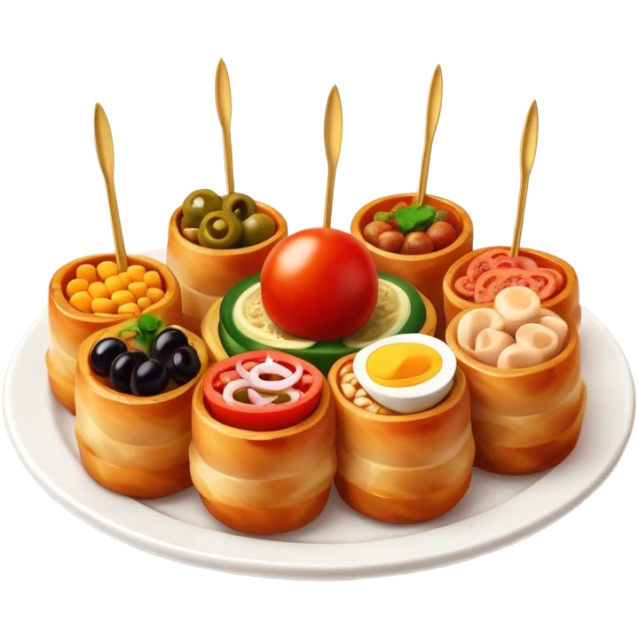Tapas (4 Pintxos) Cinematic Realistic Tapas Dish Emoji, depicted as an assortment of 4 pintxos elegantly arranged on a plate, rendered with lifelike textures and vibrant, inviting lighting. emoji