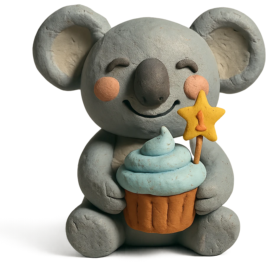 happy koala holding cupcake with 1 star candle in claymation style emoji