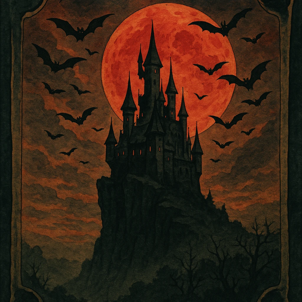 creepy banner, vampire castle on a cliff under blood moon with bats, gothic horror style emoji