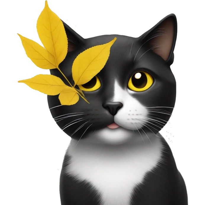Black and white cat with a yellow leaf on the topnof its head emoji