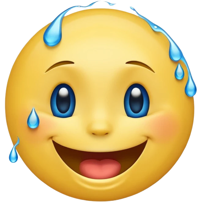 Emoji, yellow round laughing hysterically face, with blue tears of joy on it.  emoji