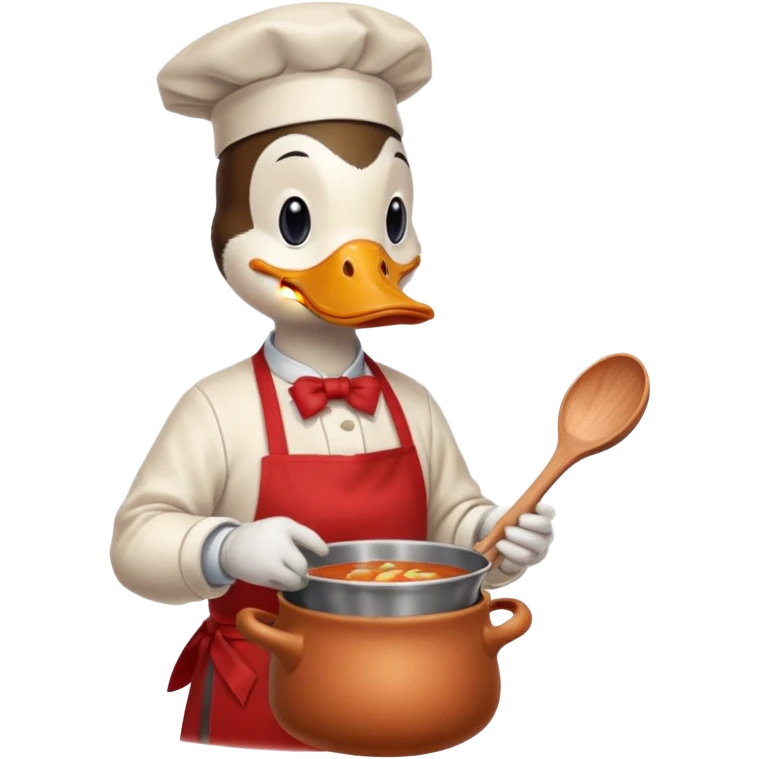 A duck wearing red apron stirring soup in a small pot, looking very focused. emoji