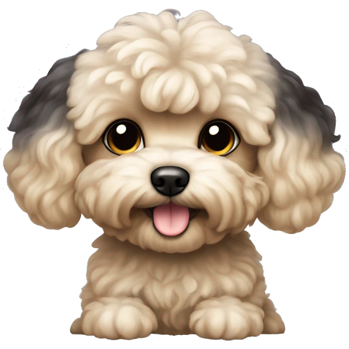 a small dog of the Maltipoo breed, it has large hanging ears, it is mainly black with a touch of beige emoji