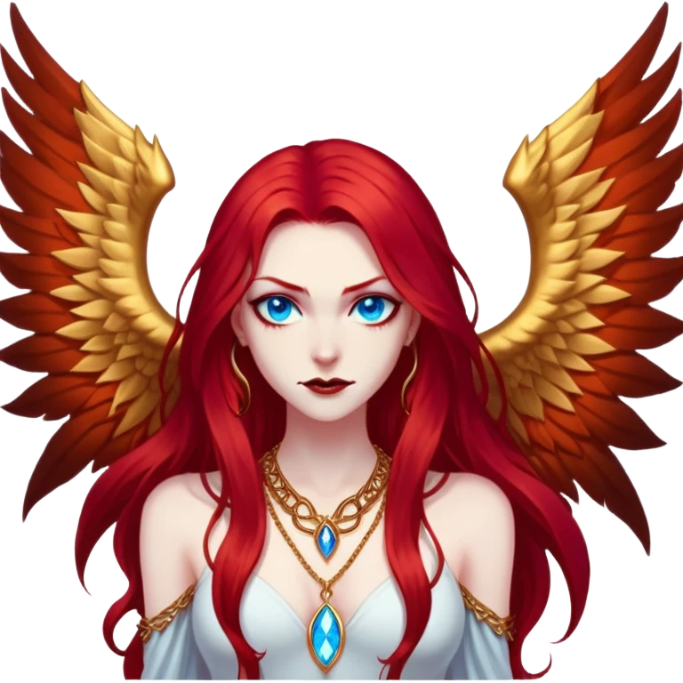 half body portrait of an extremely diabolical girl with massive towering wings, very long flowing blood red hair, glowing blue eyes, black hellfire aura, no horns, evil grin, gold necklace emoji