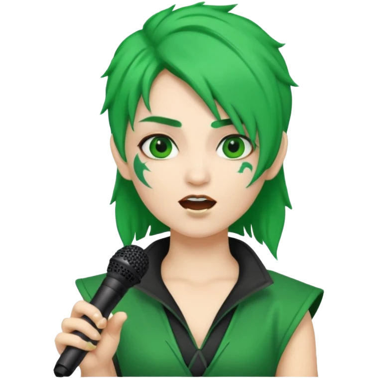 green haired, warrior makeup, holding microphone, singing emoji