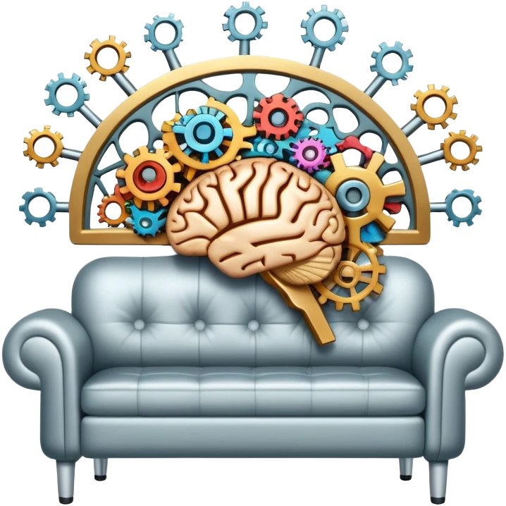 An icon featuring a brain with gears, a mind map, and a therapy couch, symbolizing psychology. The design includes a set of mental health tools, representing understanding the human mind. Transparent background emoji