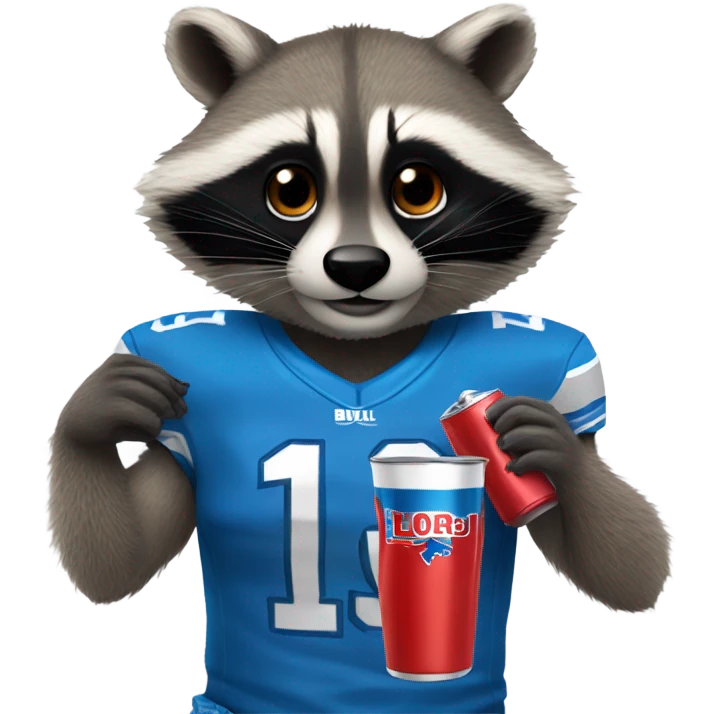 A raccoon holding a red bull drink, wearing a blue Detroit lions jersey  emoji
