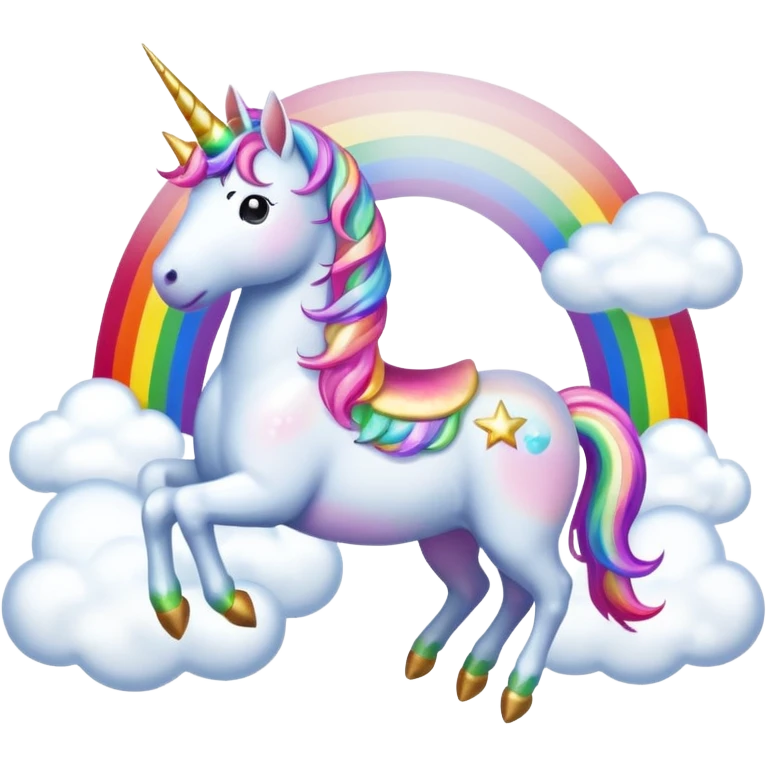 full rainbow with fluffy white clouds on the ends and sparkly with a unicorn riding on the rainbow  emoji