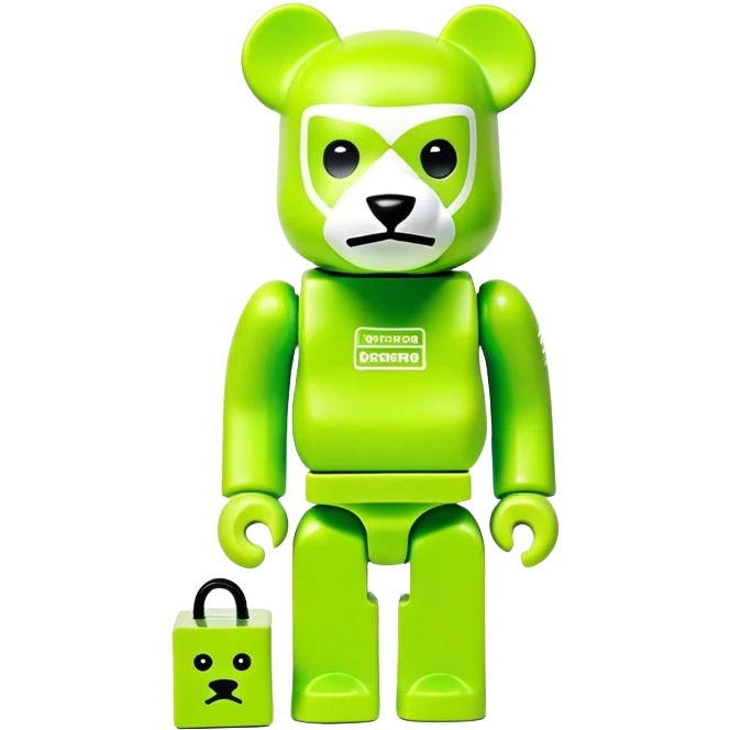 geometric bearbrick figurine with cube-shaped head, lime green balaclava with Supreme box logo on it, expressive eyebrows visible, toy design emoji