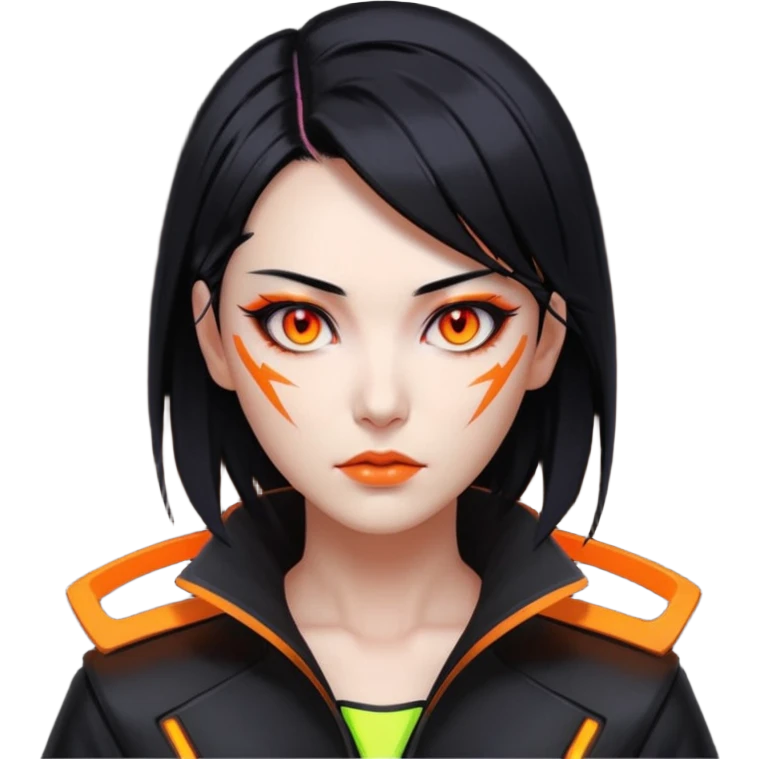 Cyberpunk Japanese woman, mid-50s looking young, sharp features, sleek black hair, glowing orange eyes, vengeful expression, neon highlights. emoji
