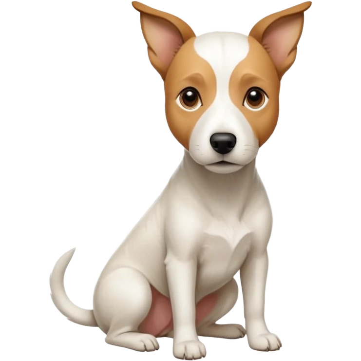 a full body facing front on of a buff white parson russell terrier looking dog the size of a kelpie with light brown long ears resting on its face and a light brown patch on one eye and a large snout. the rest of the dog is completely white.  emoji