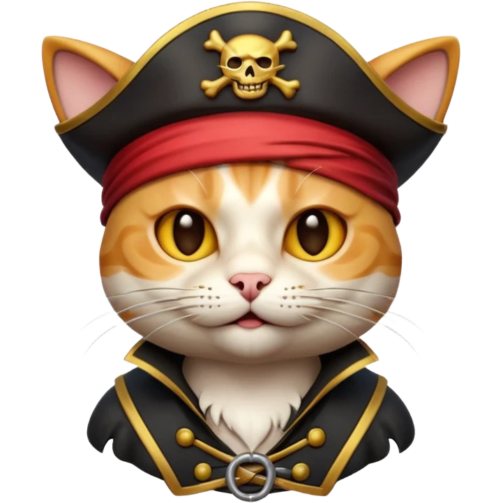 Premium 3D emoji icon of cat, pirate theme, high detail, glossy finish, claymorphism style, soft studio lighting, isolated on white background, 8k resolution, stylized professional look --v 6.0 emoji