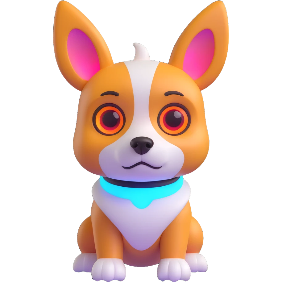 cute dog robot with pointy corgi-like ears, soft rounded body, glowy eyes and joints, friendly futuristic vibe, playful, slightly cartoonish, colorful with glowy accents, highly expressive face and posture, reaction sad emoji