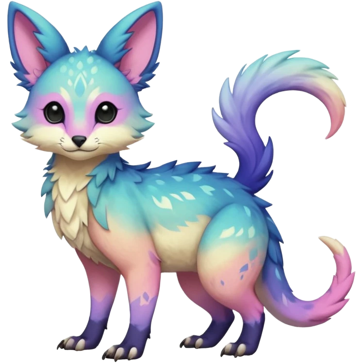 Feral Rare realistic edgy pretty beautiful handsome gorgeous pastel-gradient aesthetic colorful vibrant Vernid-Trico-species-Fakemon-creature by LiLaiRa, random markings, tufted ears, full body emoji