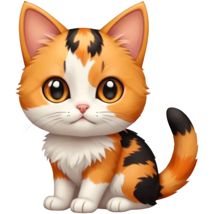 calico kitten playful pose, simple and cute, round face, big eyes, minimal details, orange black and white calico pattern emoji