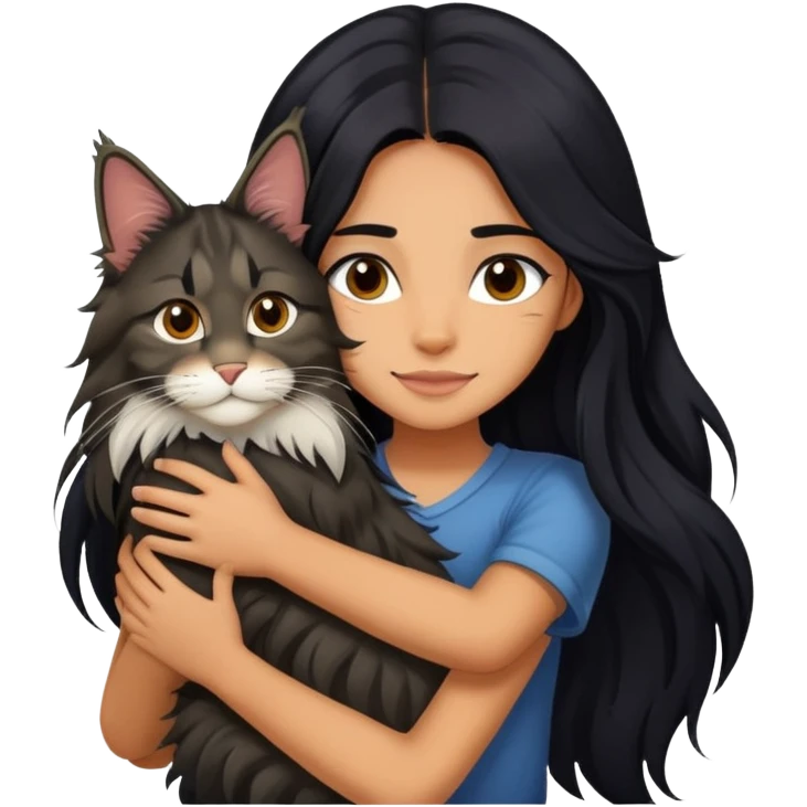 A girl with long black  hair tightly hugged a Maine coon emoji