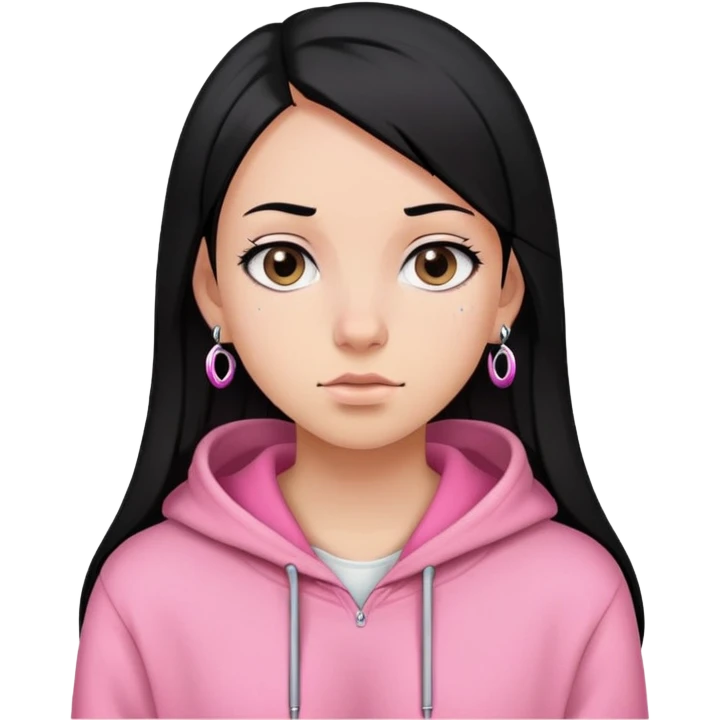 a girl wearing a pink hoodie with black straight hair three piercings on the left ear two on the right emoji