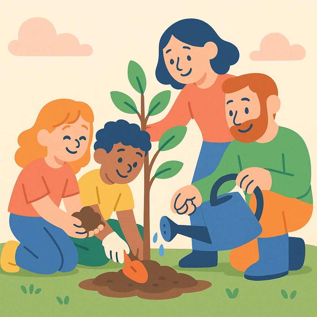children and adults planting a tree together, smiling faces, gentle pastel colors, soft cartoon style, community of kindness emoji