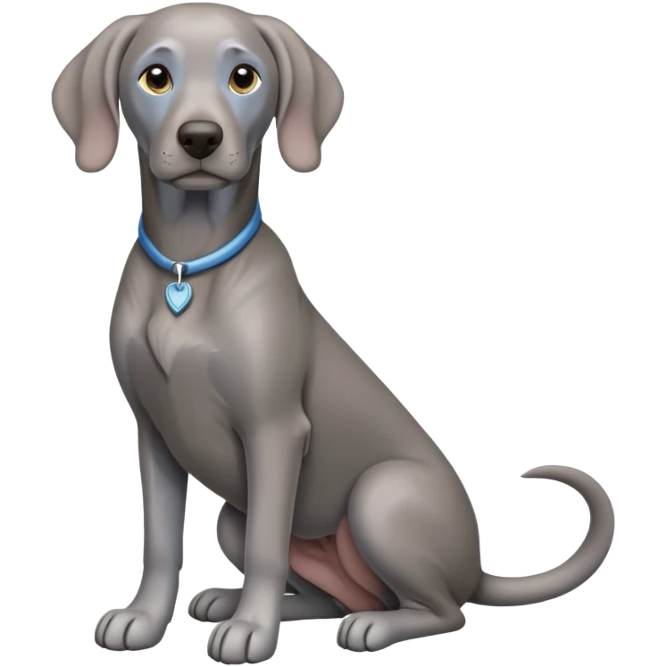 cinematic-[weimaraner]-realistic-full-body-sitting-emoji,-tail-resting-loosely-beside-its-paws,-head-tilted-dramatically, -sleek-[grey blue]-fur,-simplified-yet-realistic-focused-features,-highly-detailed,-glowing-with-an-almost-sarcastic-glow emoji