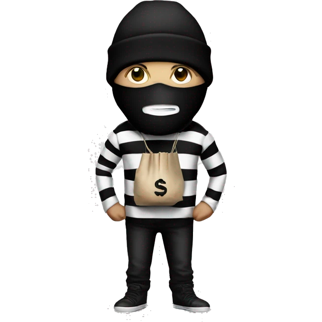 Robber, black and white striped shirt, black mask, money bag, black beanie emoji